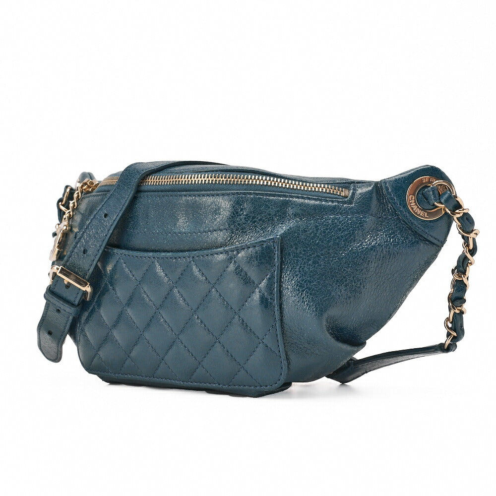 CHANEL Waist Bag Matelassé with Coco Charm Lambskin Blue Gold-Tone Hardware, Pre-Owned