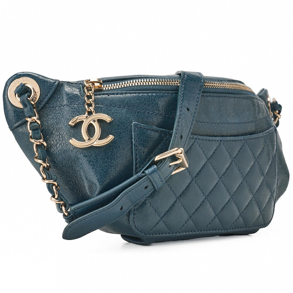CHANEL Waist Bag Matelassé with Coco Charm Lambskin Blue Gold-Tone Hardware, Pre-Owned