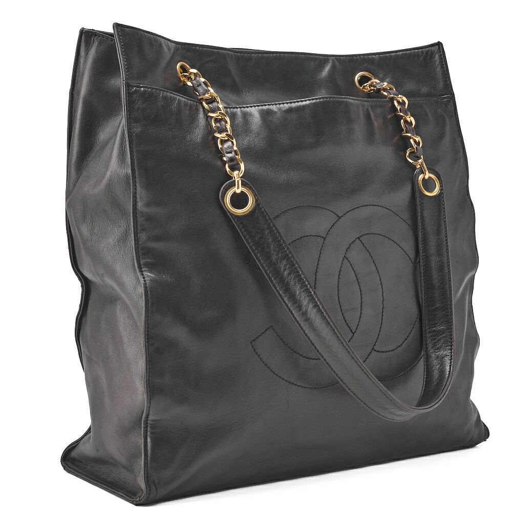 CHANEL Shoulder Bag Coco Mark Lambskin Black Large Size Gold-Tone Hardware, Pre-Owned