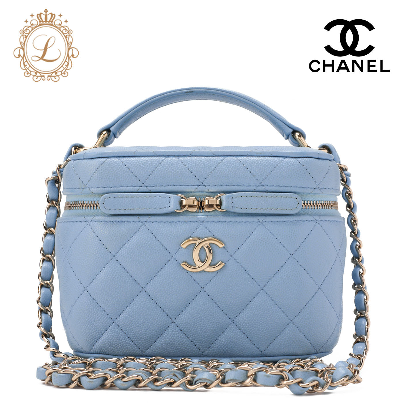 CHANEL Chain Shoulder Bag Matelassé Vanity Caviar Skin Light Blue 2way Gold-Tone Hardware, Pre-Owned