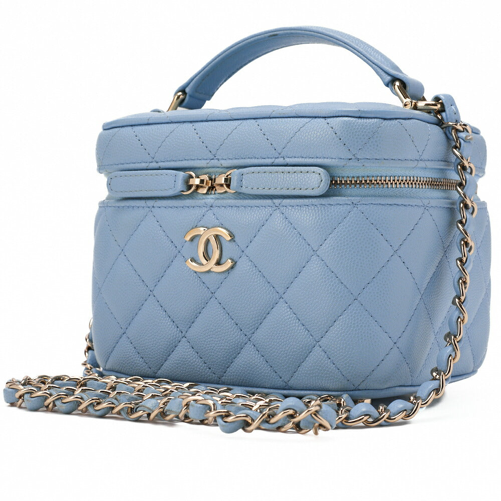 CHANEL Chain Shoulder Bag Matelassé Vanity Caviar Skin Light Blue 2way Gold-Tone Hardware, Pre-Owned