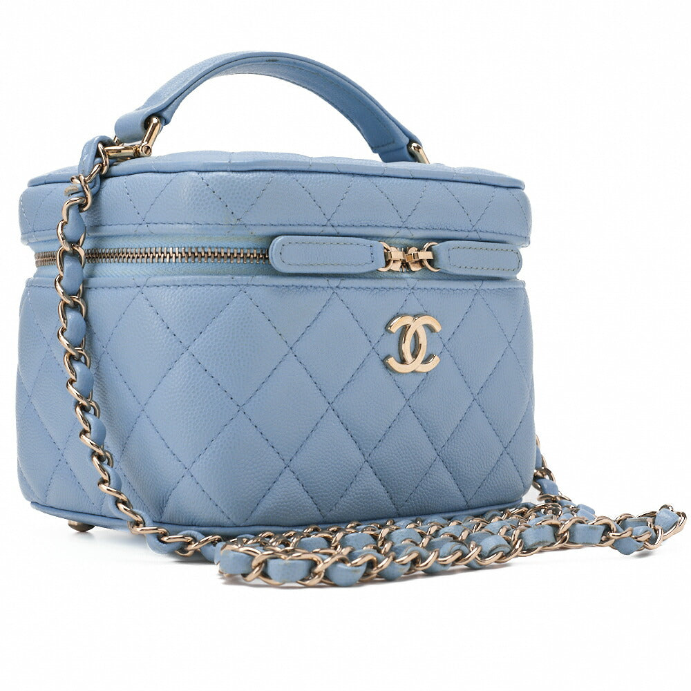 CHANEL Chain Shoulder Bag Matelassé Vanity Caviar Skin Light Blue 2way Gold-Tone Hardware, Pre-Owned