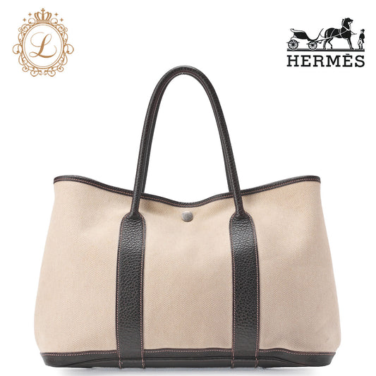 HERMES Garden Party PM Tote Bag Canvas Brown Silver-Tone Hardware, Pre-Owned