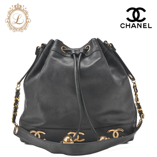 CHANEL Chain Shoulder Bag Triple Coco Caviar Skin Ball Charm Drawstring Black Gold-Tone Hardware, Pre-Owned