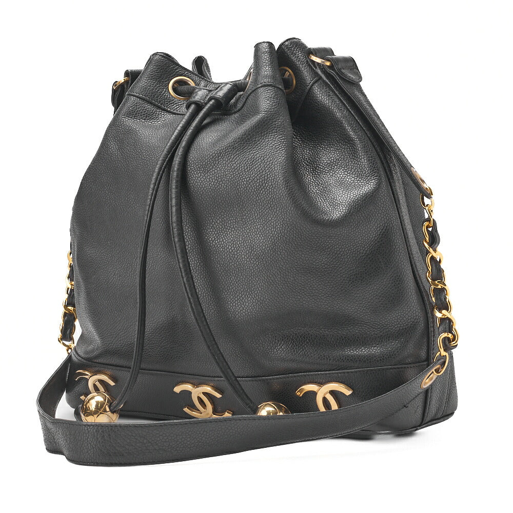 CHANEL Chain Shoulder Bag Triple Coco Caviar Skin Ball Charm Drawstring Black Gold-Tone Hardware, Pre-Owned