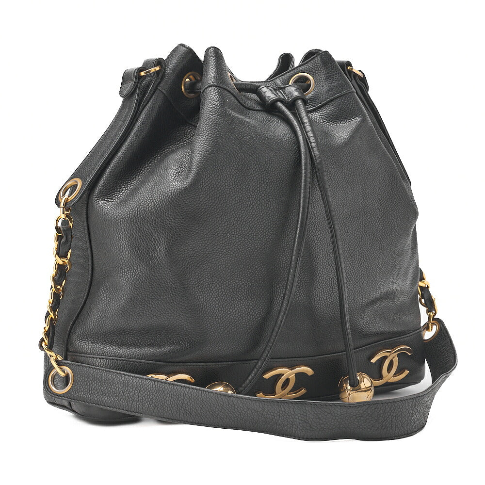 CHANEL Chain Shoulder Bag Triple Coco Caviar Skin Ball Charm Drawstring Black Gold-Tone Hardware, Pre-Owned