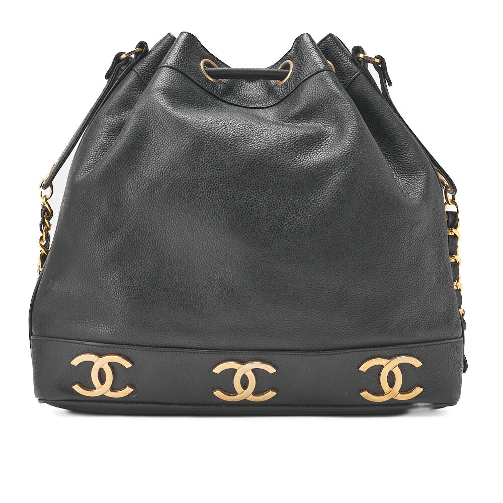 CHANEL Chain Shoulder Bag Triple Coco Caviar Skin Ball Charm Drawstring Black Gold-Tone Hardware, Pre-Owned