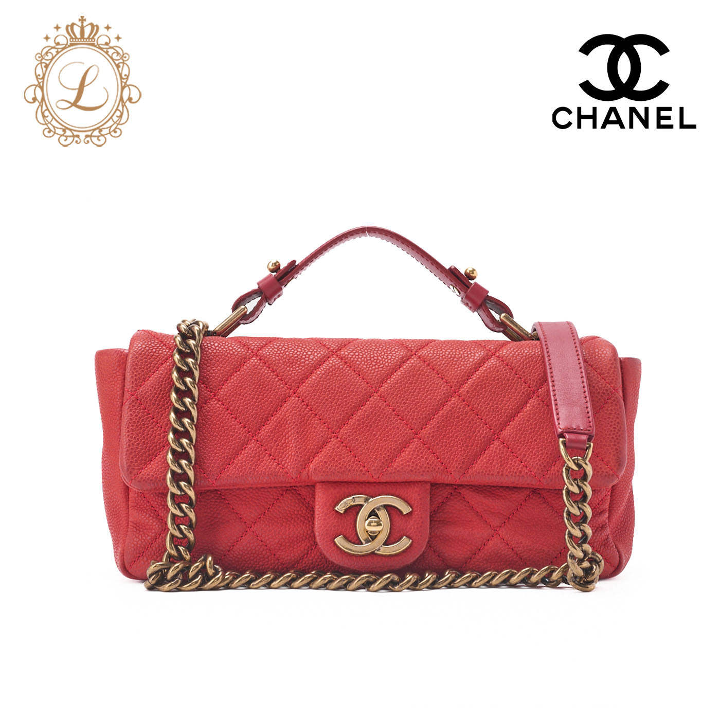 CHANEL Chain Shoulder Bag Matelassé Turnlock 2way Caviar Skin Red Gold-Tone Hardware, Pre-Owned