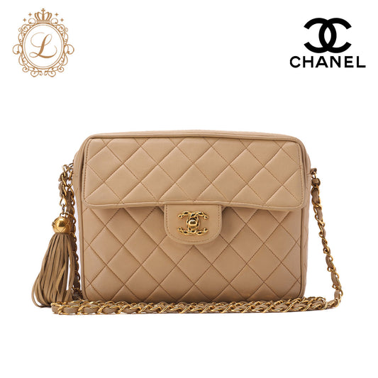 CHANEL Chain Shoulder Bag Matelassé Outside Flap Fringe Chain Shoulder Lambskin Beige Gold-Tone Hardware, Pre-Owned
