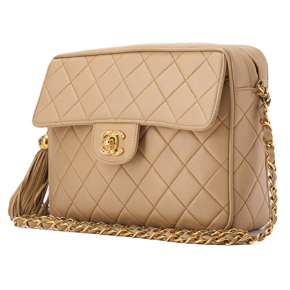 CHANEL Chain Shoulder Bag Matelassé Outside Flap Fringe Chain Shoulder Lambskin Beige Gold-Tone Hardware, Pre-Owned