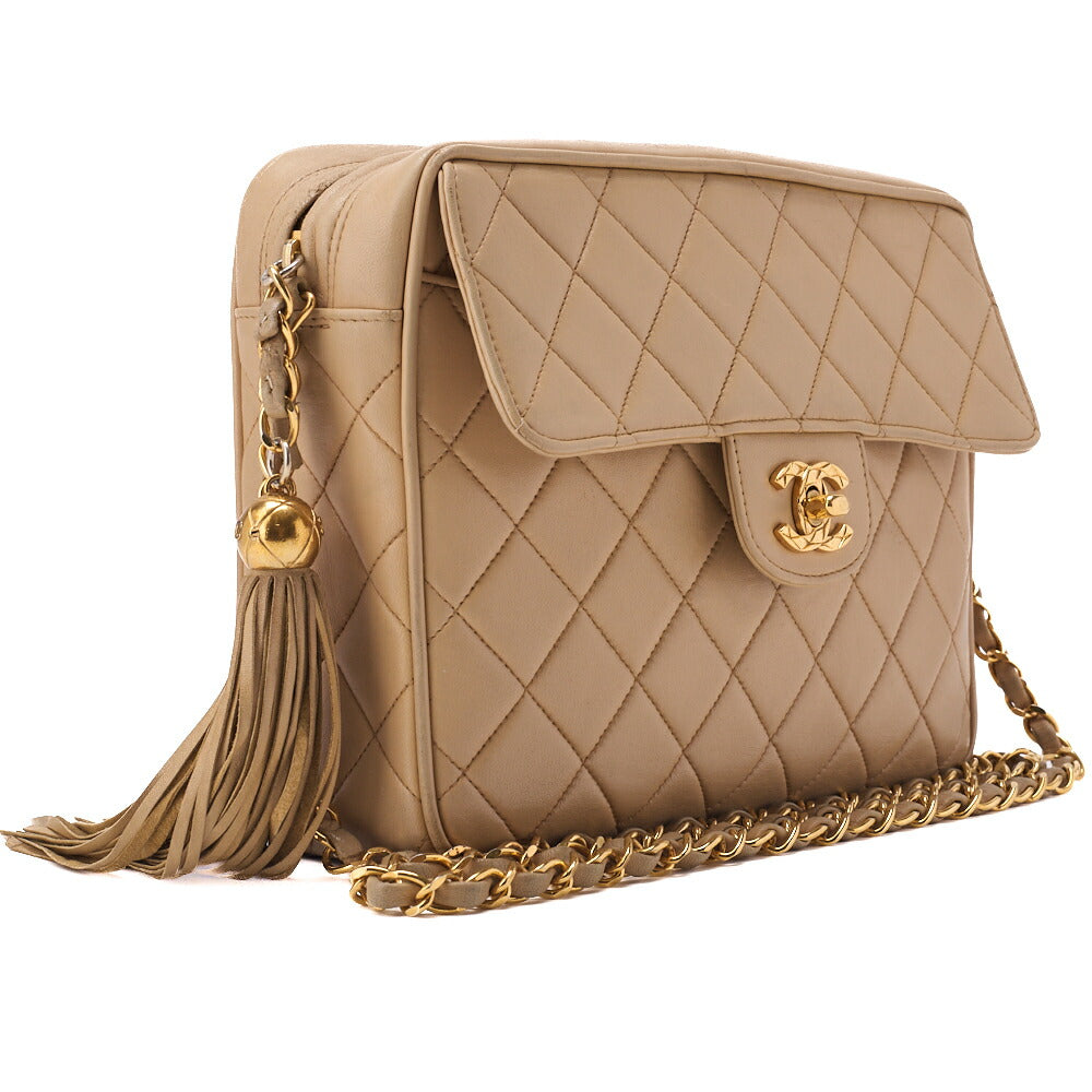CHANEL Chain Shoulder Bag Matelassé Outside Flap Fringe Chain Shoulder Lambskin Beige Gold-Tone Hardware, Pre-Owned