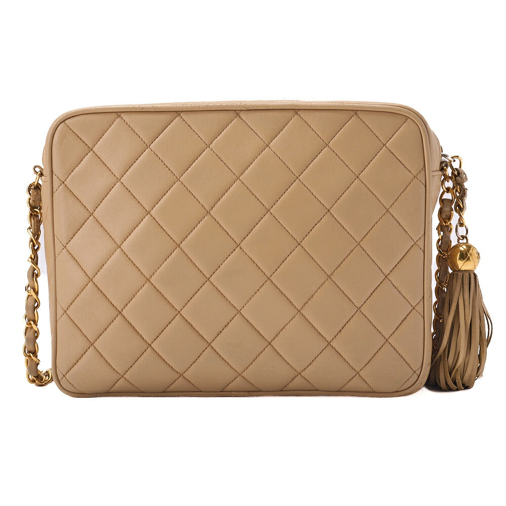 CHANEL Chain Shoulder Bag Matelassé Outside Flap Fringe Chain Shoulder Lambskin Beige Gold-Tone Hardware, Pre-Owned
