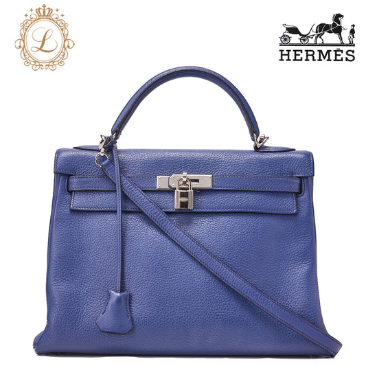 HERMES Kelly 32 Handbag Trialon Clemence Black Silver-Tone Hardware, Pre-Owned