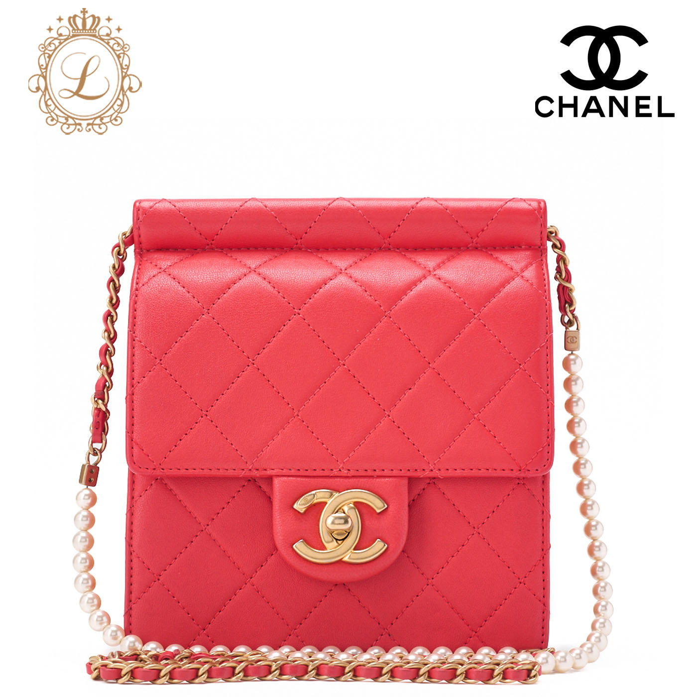 CHANEL Chain Shoulder Matelassé Pearl Chain Chain Wallet Lambskin Red Gold-Tone Hardware, Pre-Owned