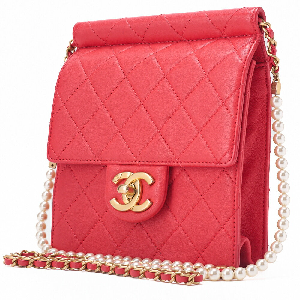 CHANEL Chain Shoulder Matelassé Pearl Chain Chain Wallet Lammleder Rot Goldfarbene Hardware, Gebraucht
