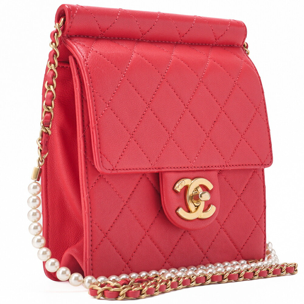 CHANEL Chain Shoulder Matelassé Pearl Chain Chain Wallet Lambskin Red Gold-Tone Hardware, Pre-Owned