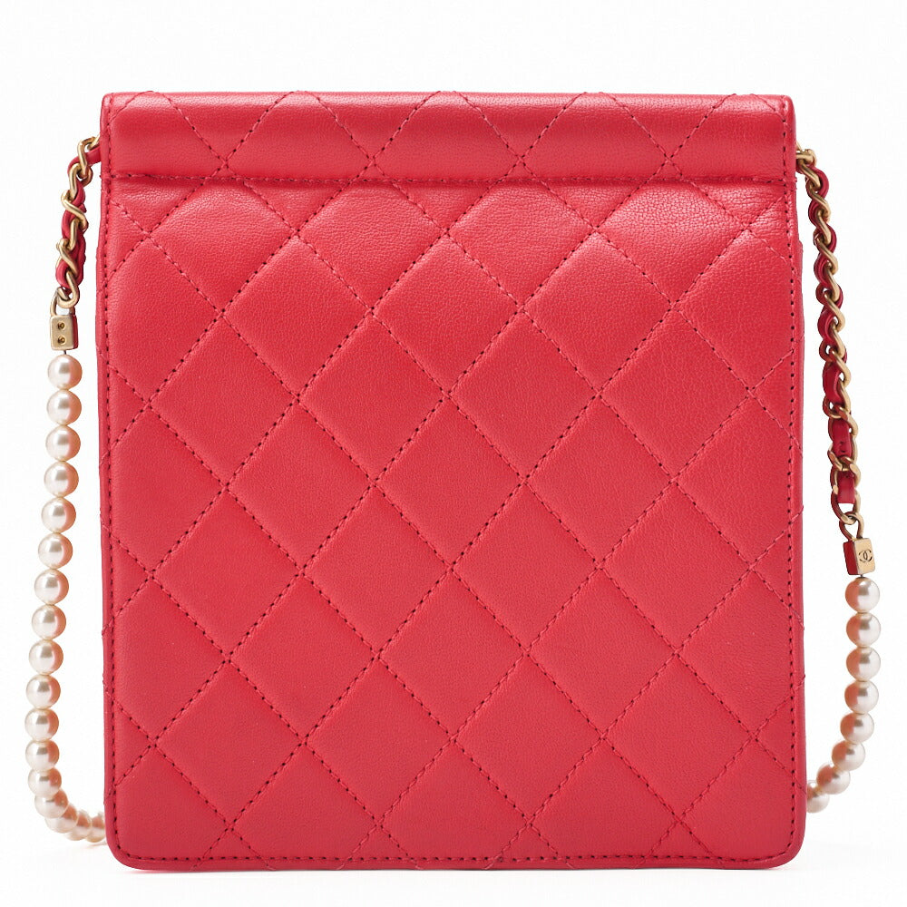CHANEL Chain Shoulder Matelassé Pearl Chain Chain Wallet Lambskin Red Gold-Tone Hardware, Pre-Owned