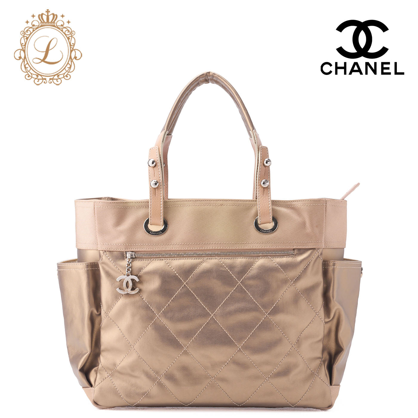 CHANEL Handbag Boston Bag Paris Biarritz Coated Canvas Coco Charm Black Silver-Tone Hardware, Pre-Owned