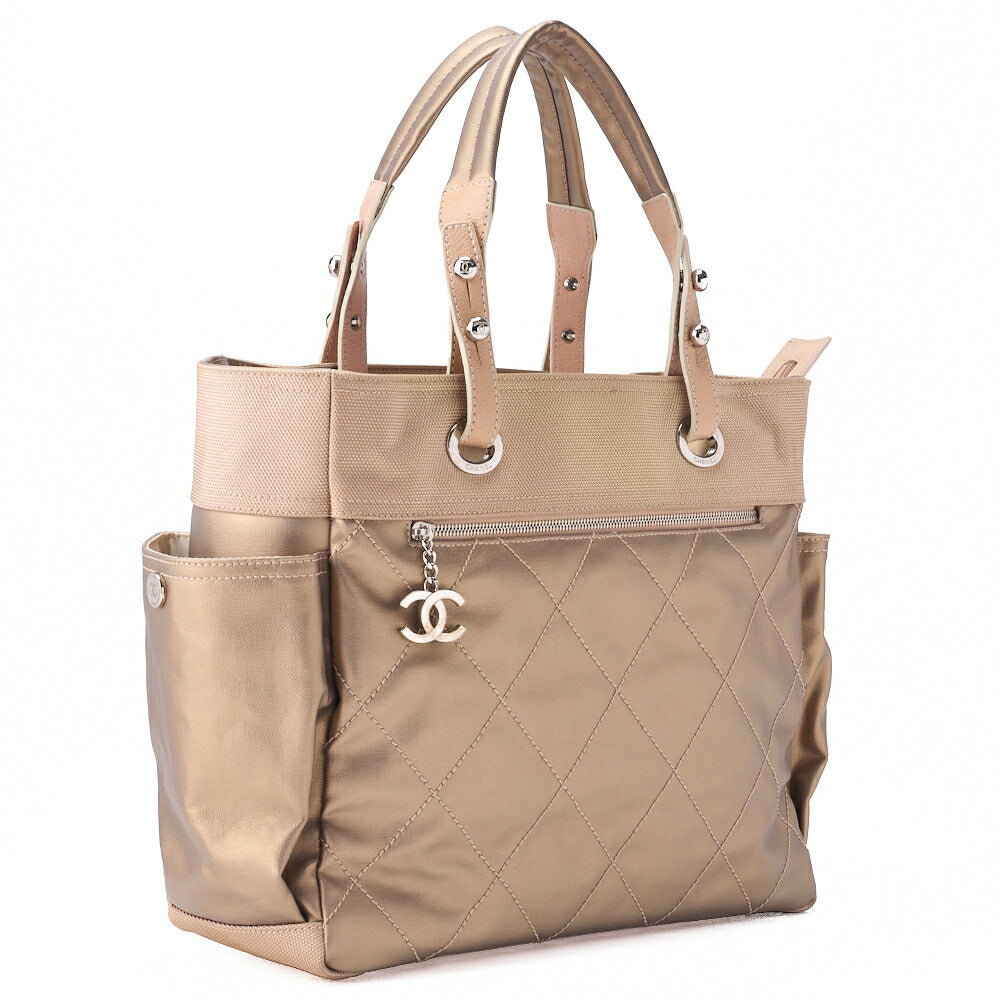 CHANEL Handbag Boston Bag Paris Biarritz Coated Canvas Coco Charm Black Silver-Tone Hardware, Pre-Owned