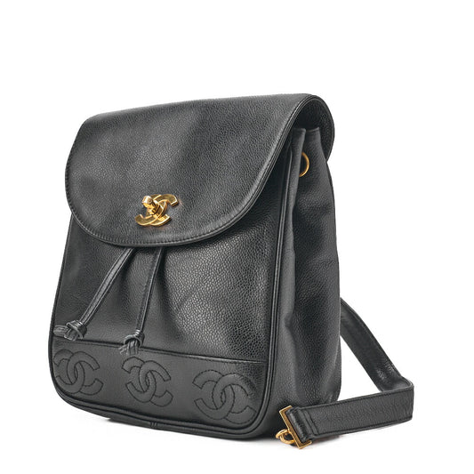 CHANEL Shoulder Bag Backpack Lambskin Triple Coco Turnlock Black Gold-Tone Hardware, Pre-Owned