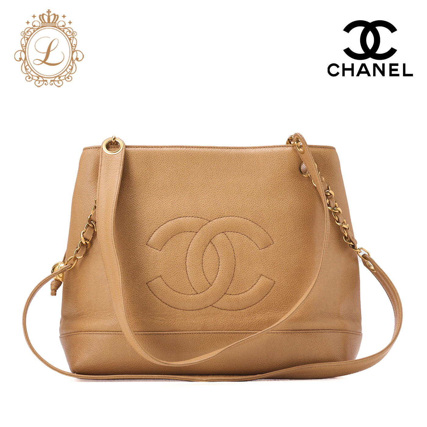 CHANEL Schultertasche Coco Mark Ball Charm Caviar Skin Schwarz Goldfarbene Hardware, Gebraucht
