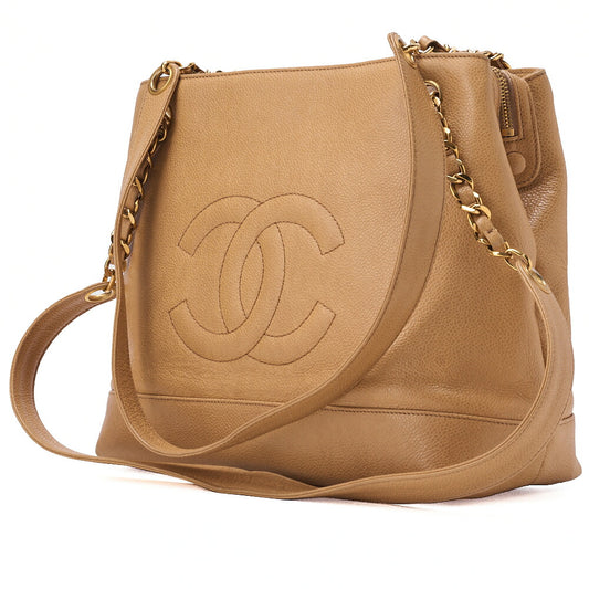 CHANEL Shoulder Bag Coco Mark Ball Charm Caviar Skin Black Gold-Tone Hardware, Pre-Owned