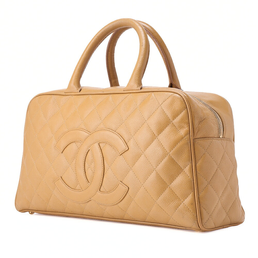CHANEL Handbag Boston Bag Caviar Skin Matelassé Coco Mark Beige Gold-Tone Hardware, Pre-Owned