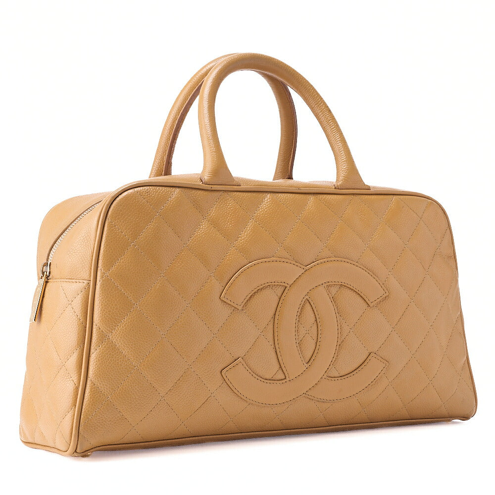 CHANEL Handbag Boston Bag Caviar Skin Matelassé Coco Mark Beige Gold-Tone Hardware, Pre-Owned