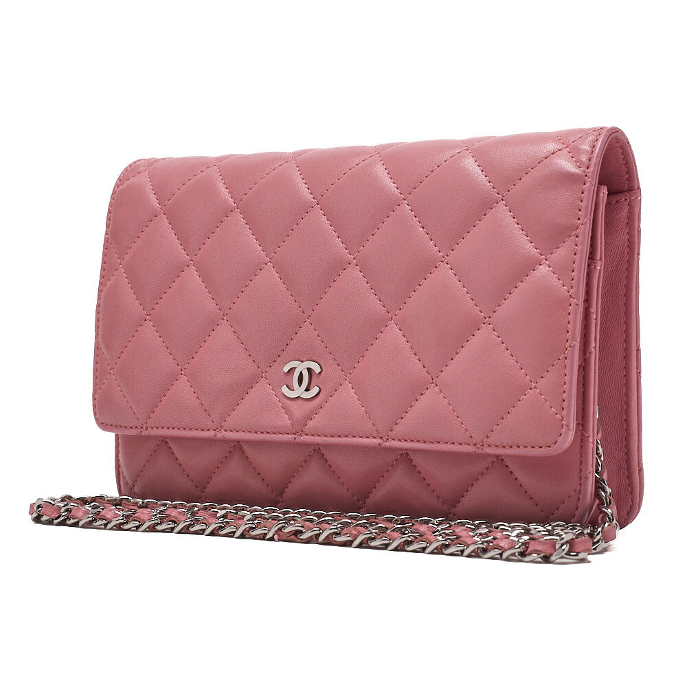 CHANEL Shoulder Bag Chain Wallet Lambskin Pink Gold-Tone Hardware, Pre-Owned
