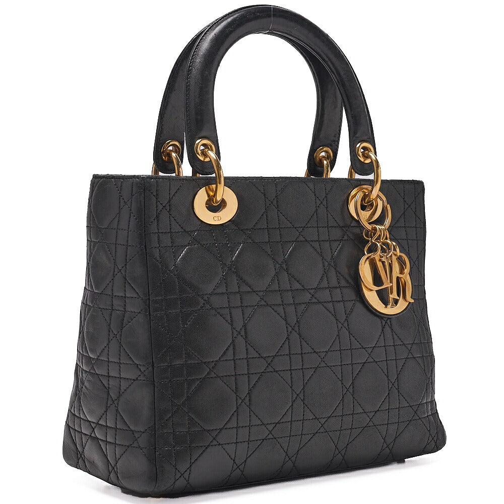 Dior Lady Dior Cannage Handbag Lambskin Black Gold-Tone Hardware, Pre-Owned