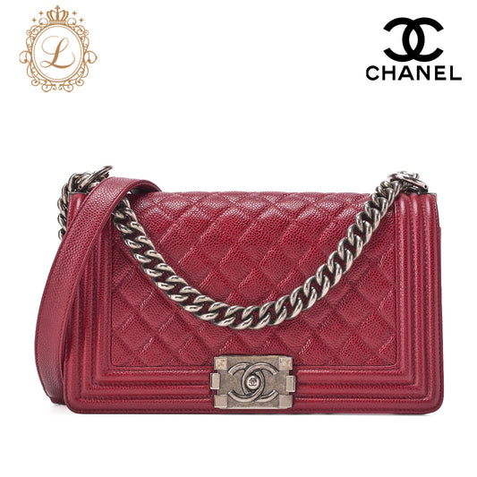 CHANEL Boy Chanel Matelassé Chain Shoulder Caviar Skin Red Silver-Tone Hardware, Pre-Owned