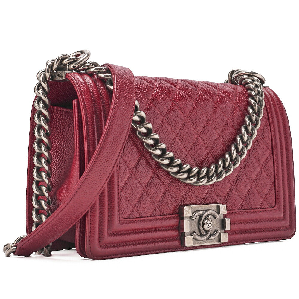 CHANEL Boy Chanel Matelassé Chain Shoulder Caviar Skin Red Silver-Tone Hardware, Pre-Owned