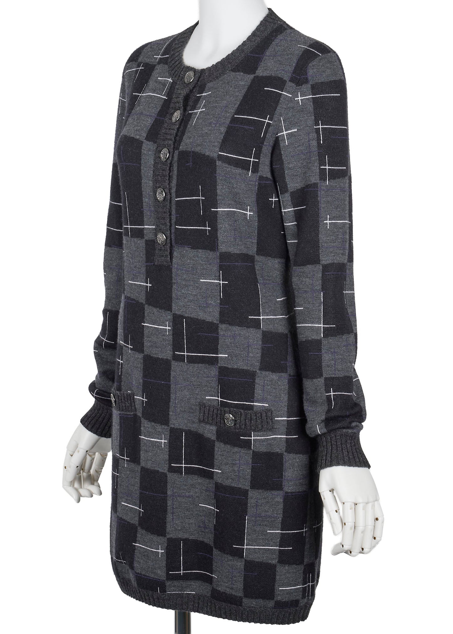 CHANEL Coco Button Logo Dress 36 Grey x Multicolor Knit Top Cardigan Branded Silver-Tone Hardware, Pre-Owned