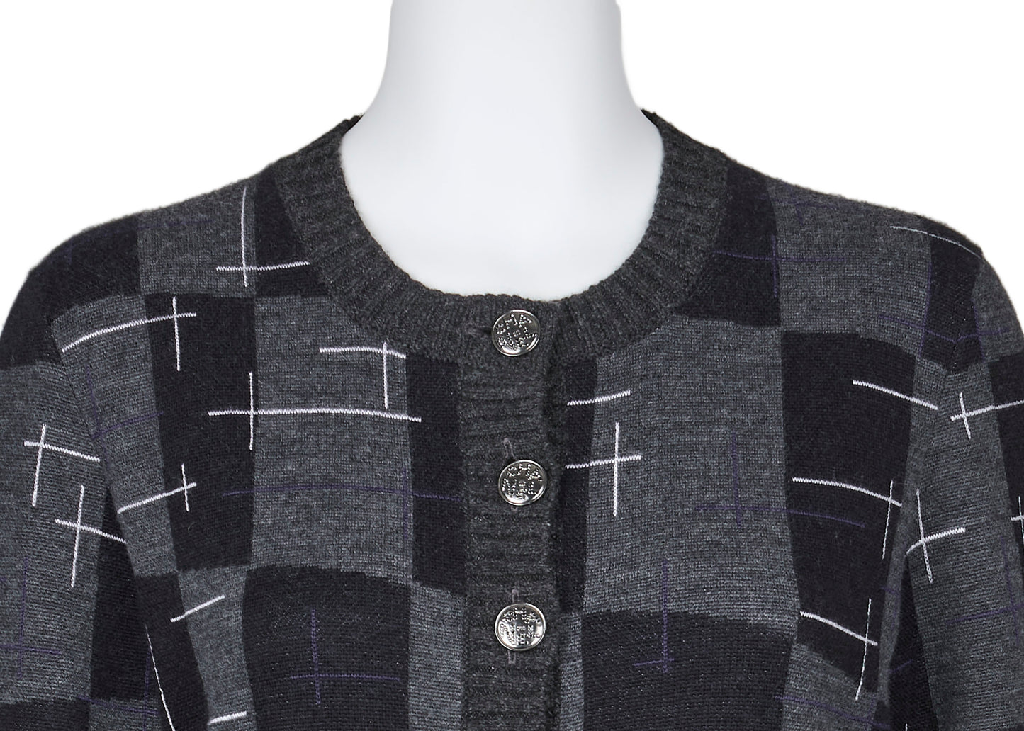 CHANEL Coco Button Logo Dress 36 Grey x Multicolor Knit Top Cardigan Branded Silver-Tone Hardware, Pre-Owned