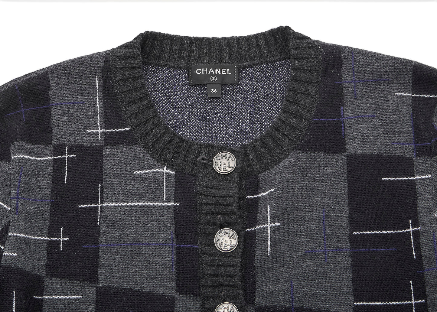 CHANEL Coco Button Logo Dress 36 Grey x Multicolor Knit Top Cardigan Branded Silver-Tone Hardware, Pre-Owned