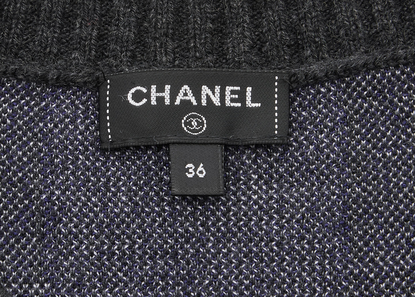 CHANEL Coco Button Logo Dress 36 Grey x Multicolor Knit Top Cardigan Branded Silver-Tone Hardware, Pre-Owned
