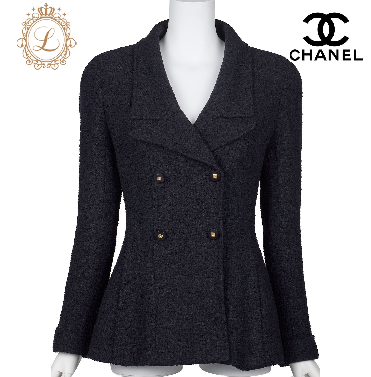 CHANEL Coco Button Jacket 38 Navy Top Long Sleeve Blouson Cut-and-Sew Outerwear Branded Gold-Tone Hardware, Pre-Owned