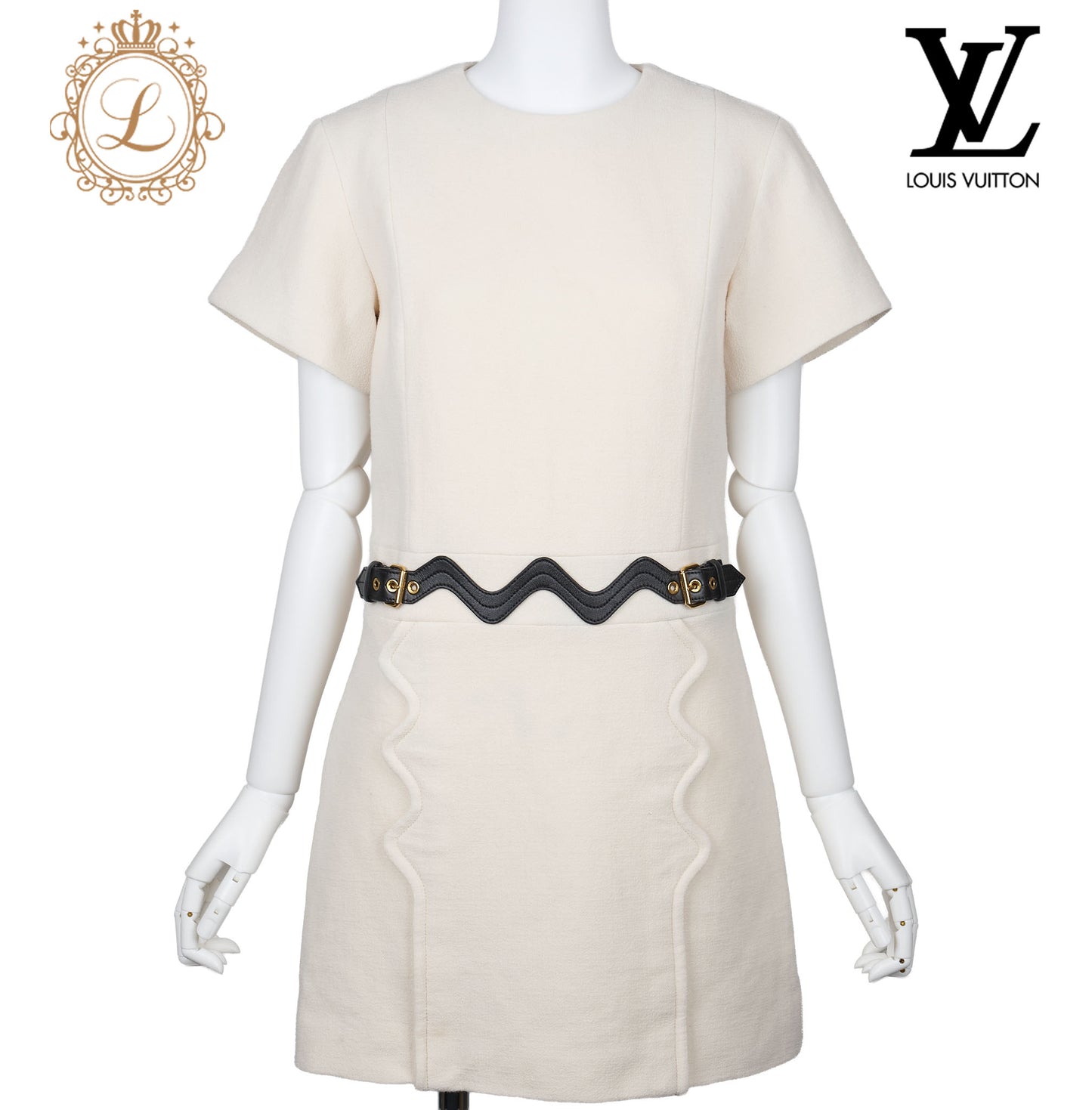 LOUIS VUITTON Louis Vuitton Belt Dress 34 Ivory Short Sleeve Dress Skirt Top Brand Gold-Tone Hardware, Pre-Owned