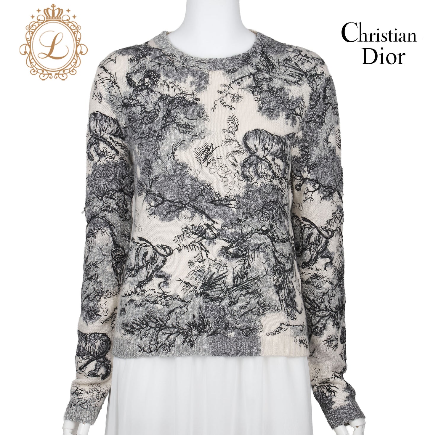 Dior All-Over Cashmere Sweater 36 White x Black Knit Top Long Sleeve Cut & Sew Branded Pre-Owned