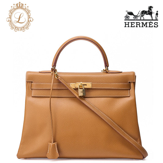 HERMES Kelly 35 Handbag Inseam Ardennes Natural Gold-Tone Hardware, Pre-Owned