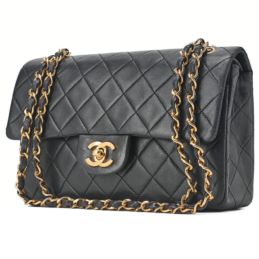 CHANEL Chain Shoulder Bag Matelassé Double Flap 23cm Lambskin Black Gold-Tone Hardware, Pre-Owned