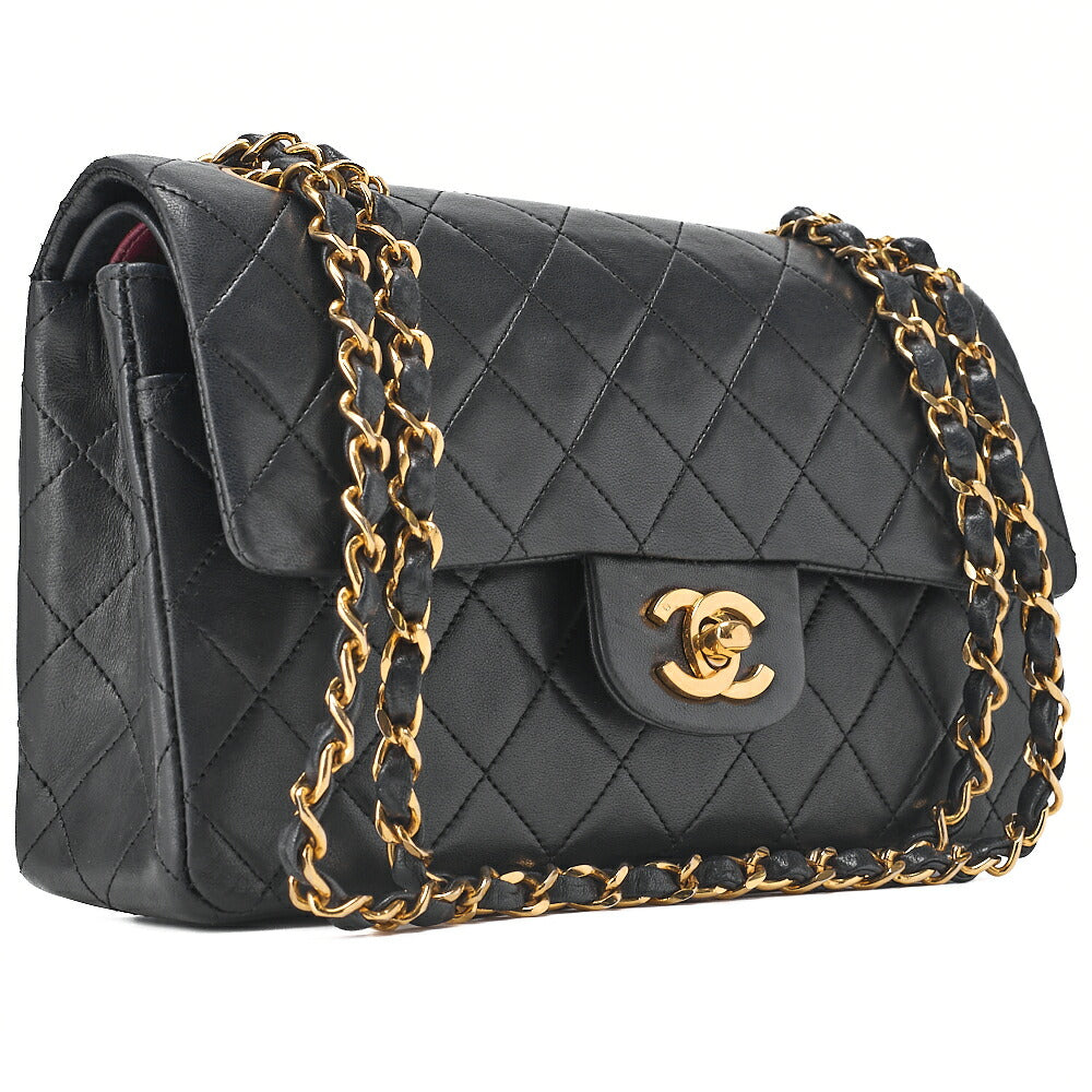 CHANEL Chain Shoulder Bag Matelassé Double Flap 23cm Lambskin Black Gold-Tone Hardware, Pre-Owned