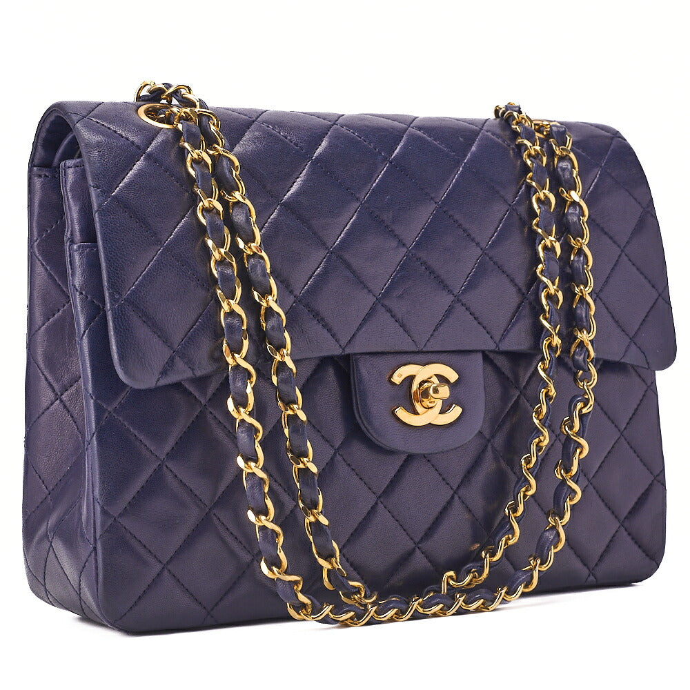 CHANEL Chain Shoulder Matelassé Double Flap 25cm Square Lambskin Navy Gold-Tone Hardware, Pre-Owned