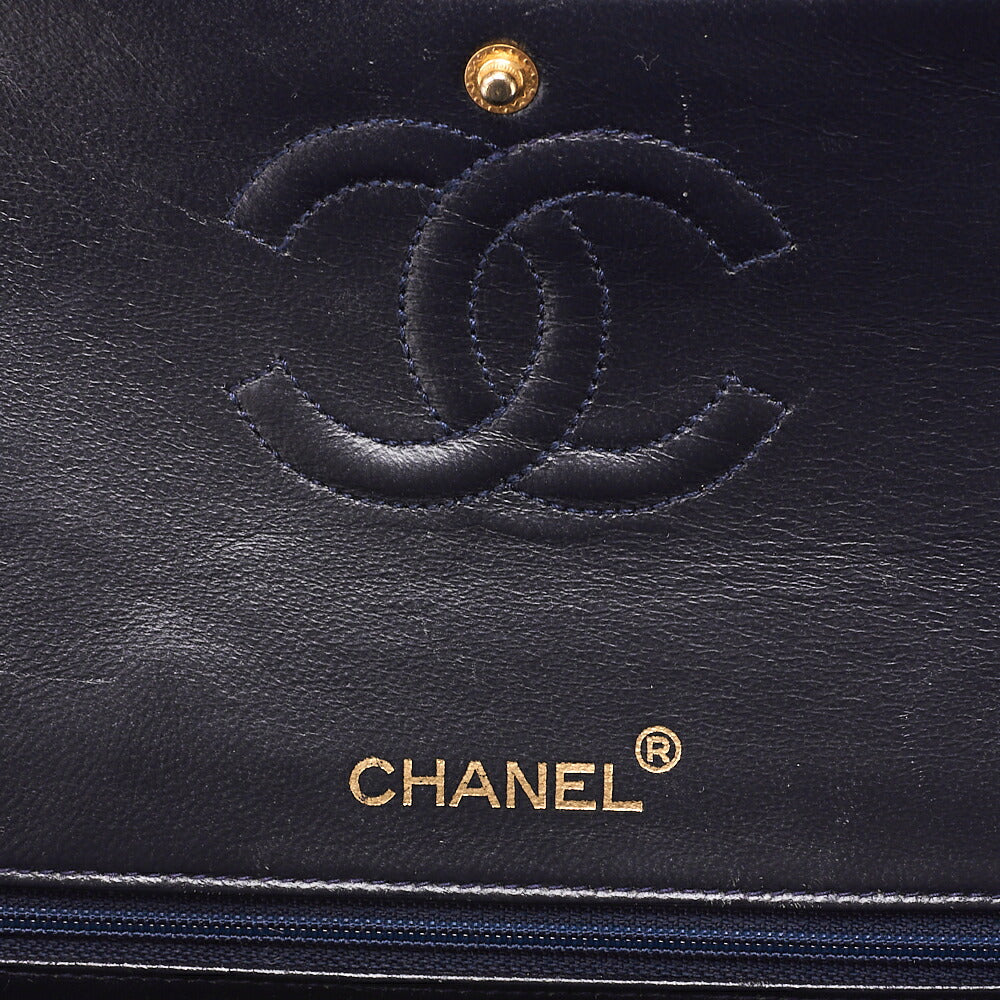 CHANEL Chain Shoulder Matelassé Double Flap 25cm Square Lambskin Navy Gold-Tone Hardware, Pre-Owned