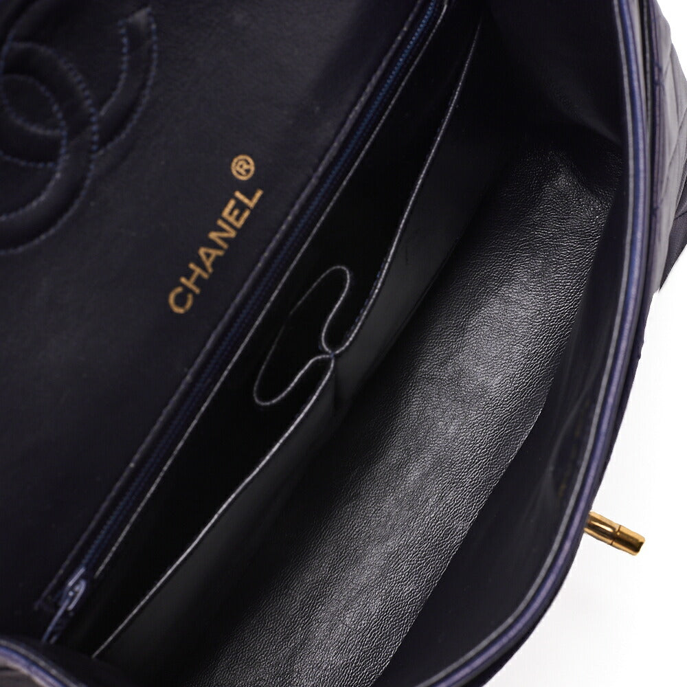 CHANEL Chain Shoulder Matelassé Double Flap 25cm Square Lambskin Navy Gold-Tone Hardware, Pre-Owned