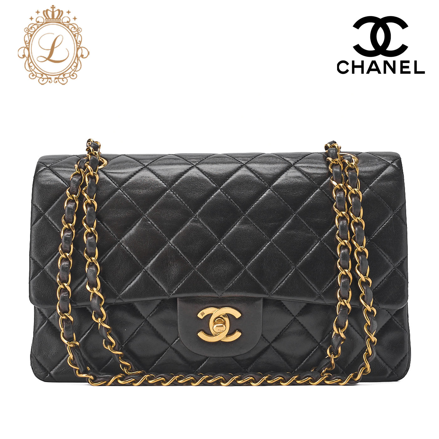 CHANEL Shoulder Bag Matelassé Double Flap 25cm Chain Shoulder Lambskin Black Gold-Tone Hardware, Pre-Owned