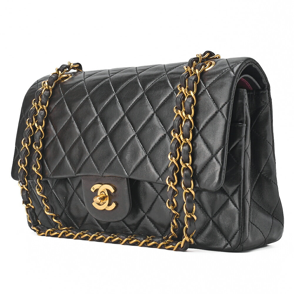 CHANEL Shoulder Bag Matelassé Double Flap 25cm Chain Shoulder Lambskin Black Gold-Tone Hardware, Pre-Owned
