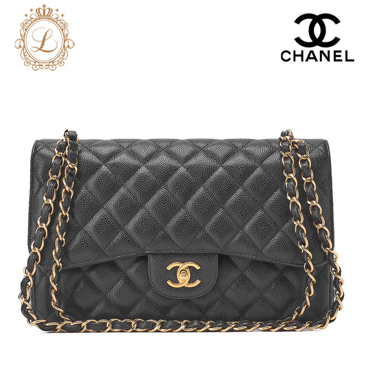 CHANEL Chain Shoulder Bag Deca Matelassé Double Flap 30cm Caviar Skin Black Gold-Tone Hardware, Pre-Owned