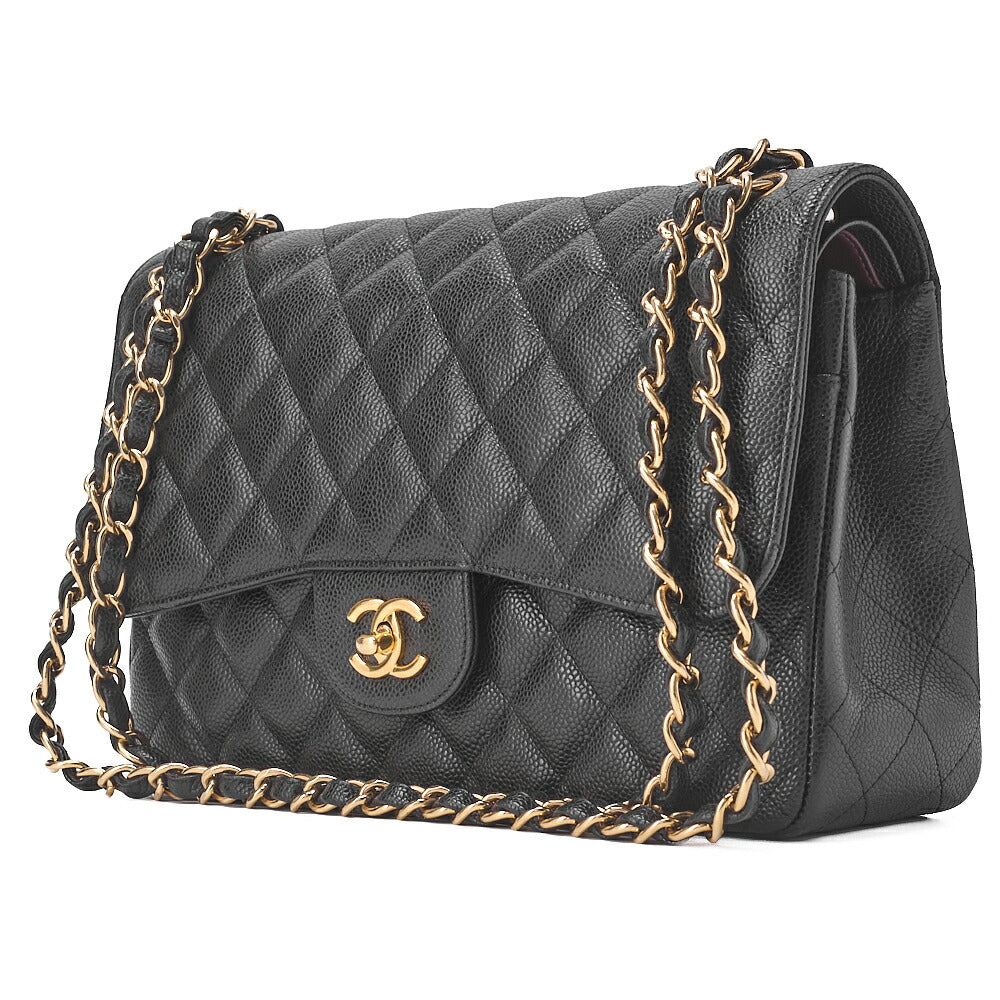 CHANEL Chain Shoulder Bag Deca Matelassé Double Flap 30cm Caviar Skin Black Gold-Tone Hardware, Pre-Owned