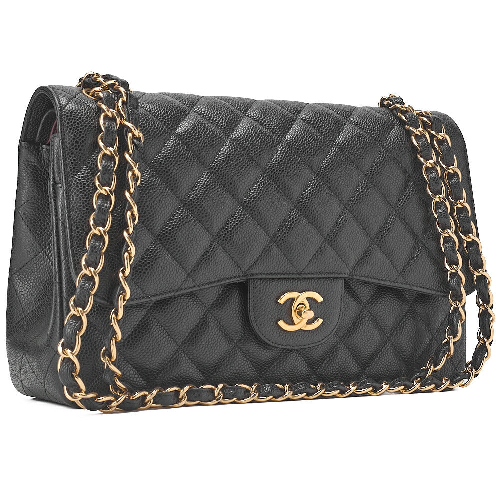 CHANEL Chain Shoulder Bag Deca Matelassé Double Flap 30cm Caviar Skin Black Gold-Tone Hardware, Pre-Owned